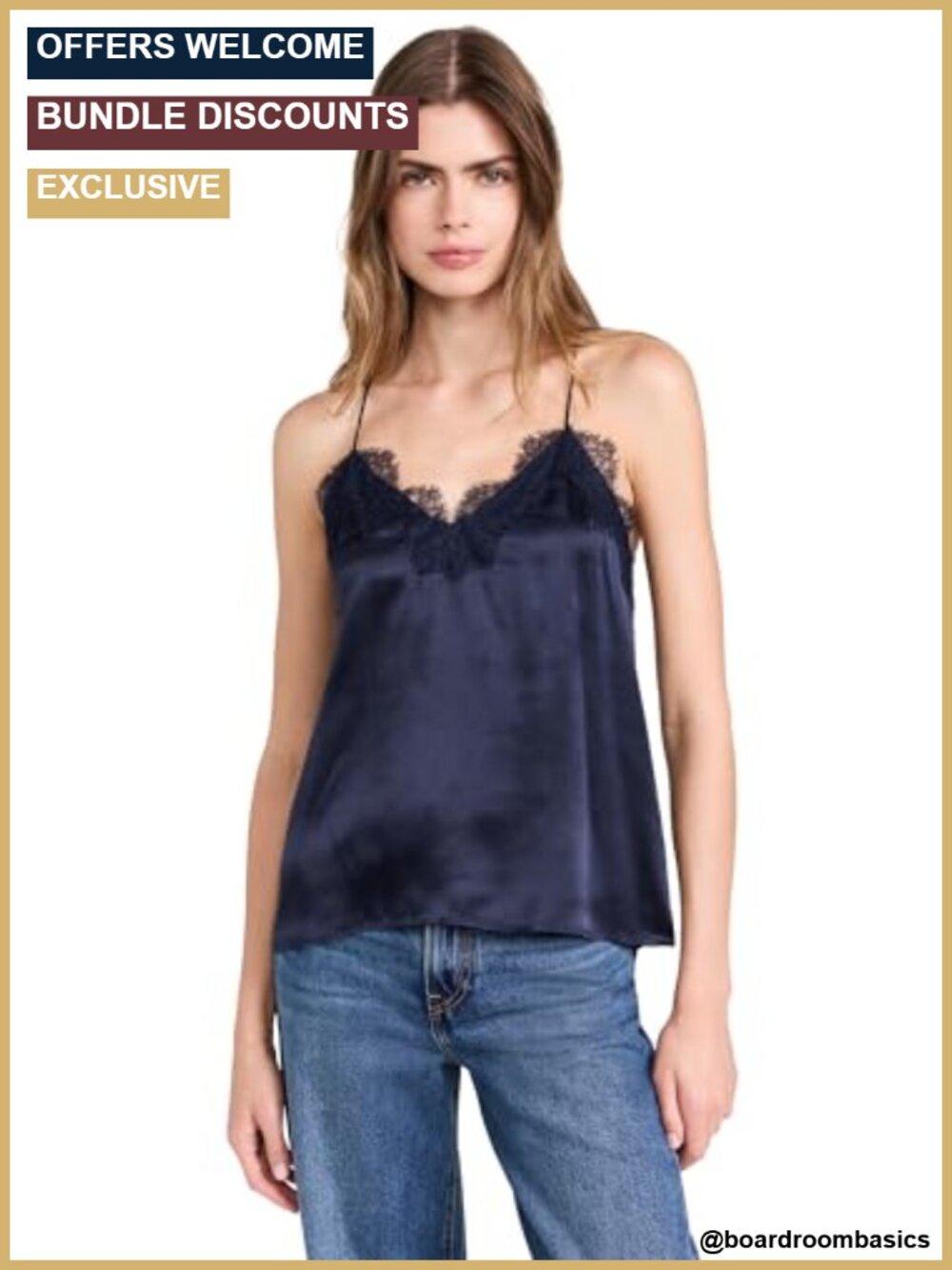 Silk Crepe Racer Top Sleeveless V Neck Lace Trim Camisole Tank